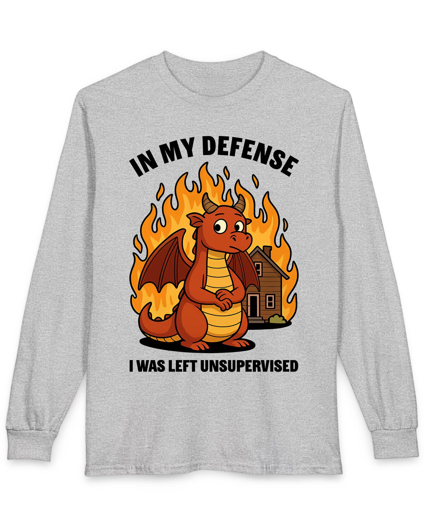 I Was Left Unsupervised shirt in sport grey featuring a guilty-looking red dragon in front of a burning house.
