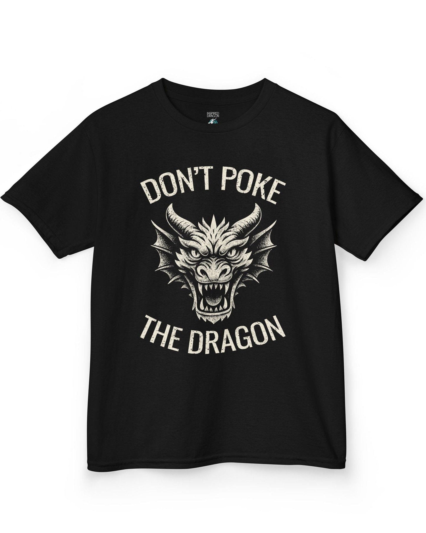 Don't Poke the Dragon shirt in black featuring distressed text and a fierce dragon head with a vintage style.