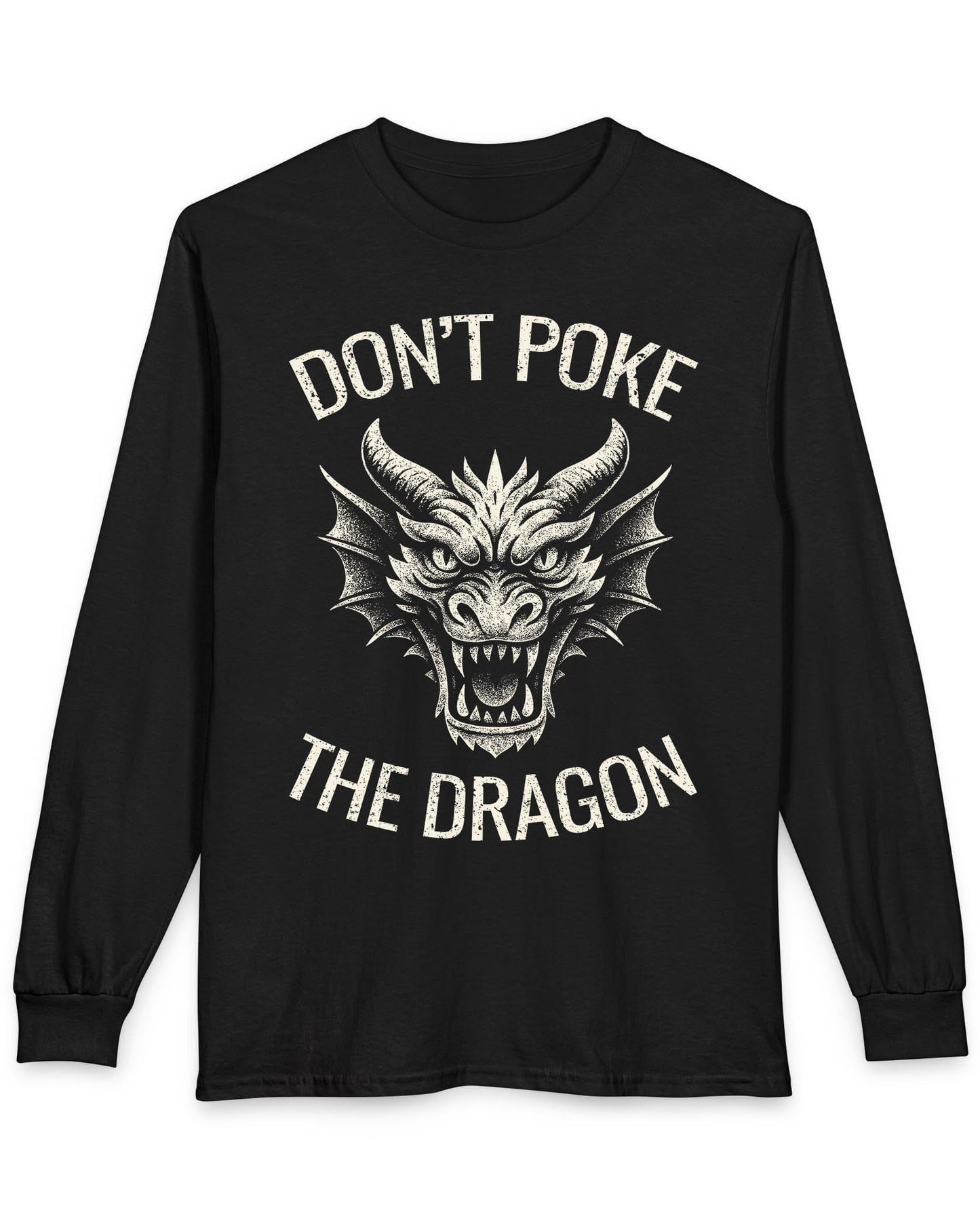 Don't Poke the Dragon shirt in black featuring distressed text and a fierce dragon head with a vintage style.
