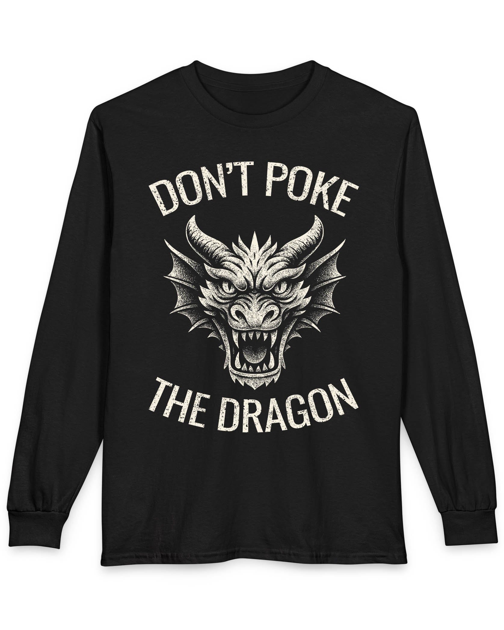 Don't Poke the Dragon shirt in black featuring distressed text and a fierce dragon head with a vintage style.