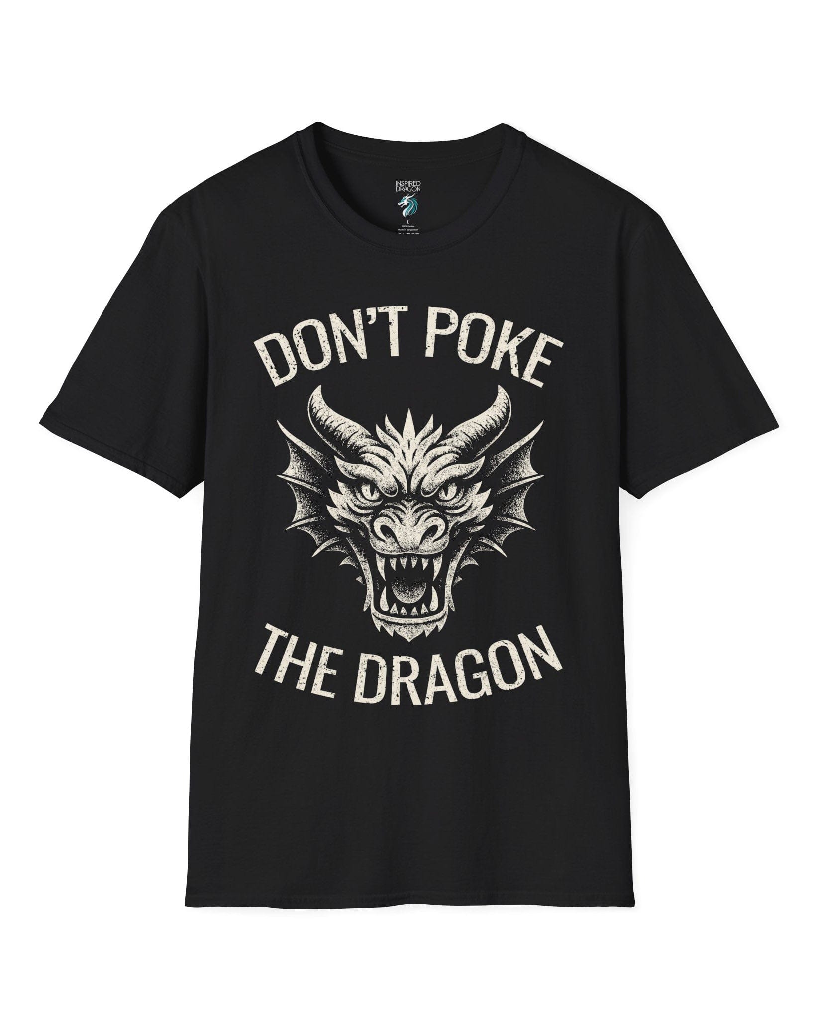 Don't Poke the Dragon shirt in black featuring distressed text and a fierce dragon head with a vintage style.