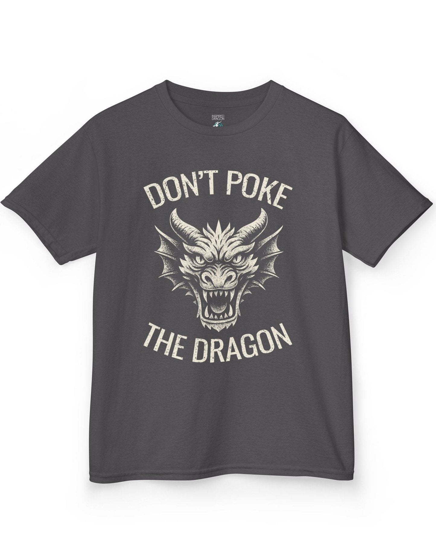 Don't Poke the Dragon shirt in charcoal featuring distressed text and a fierce dragon head with a vintage style.