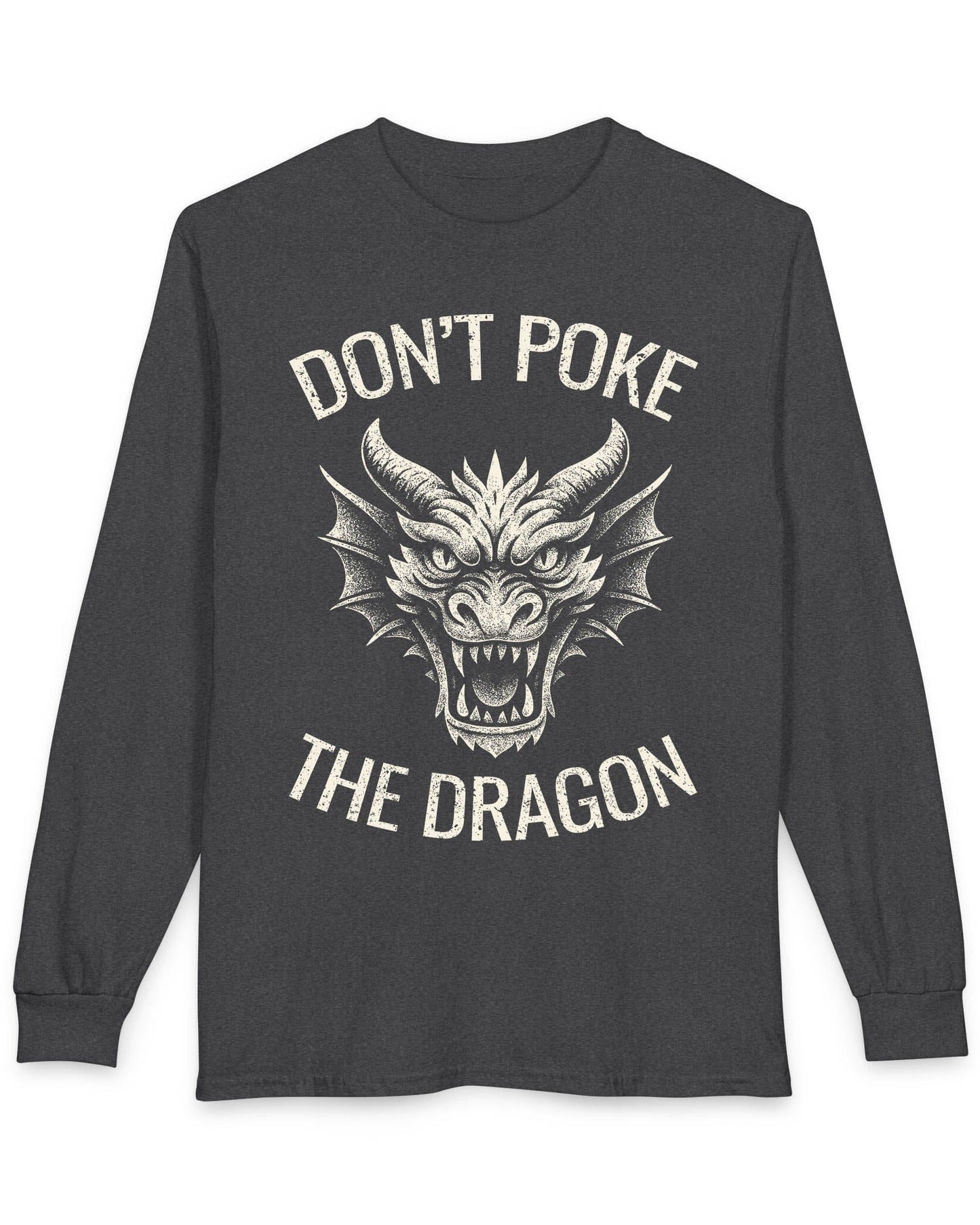 Don't Poke the Dragon shirt in dark heather grey featuring distressed text and a fierce dragon head with a vintage style.