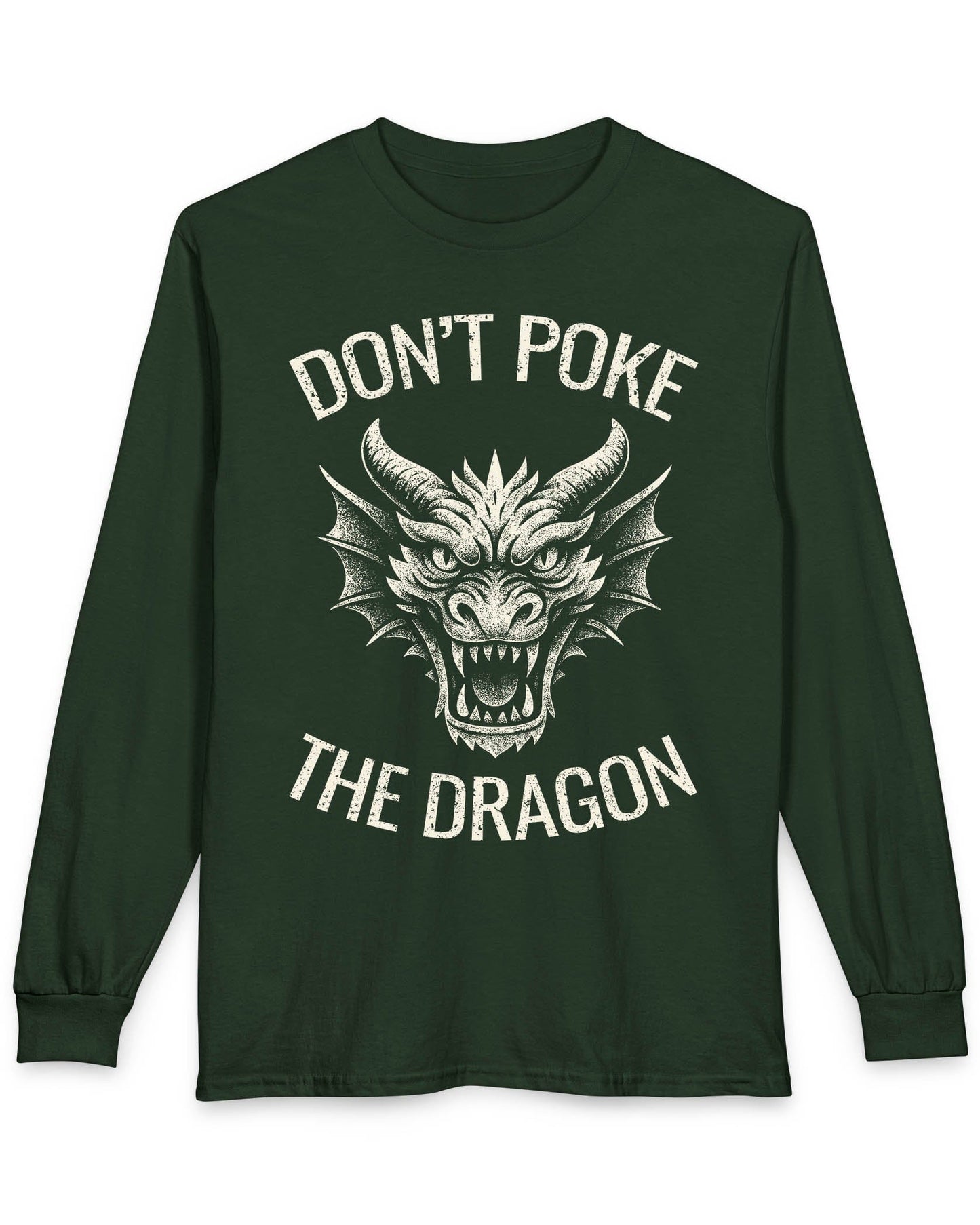 Don't Poke the Dragon shirt in forest green featuring distressed text and a fierce dragon head with a vintage style.