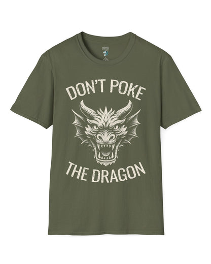 Don't Poke the Dragon shirt in military green featuring distressed text and a fierce dragon head with a vintage style.