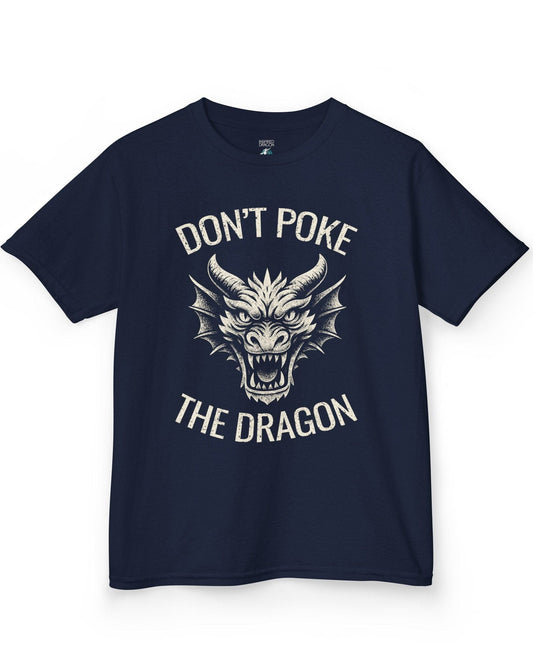 Don't Poke the Dragon shirt in navy featuring distressed text and a fierce dragon head with a vintage style.