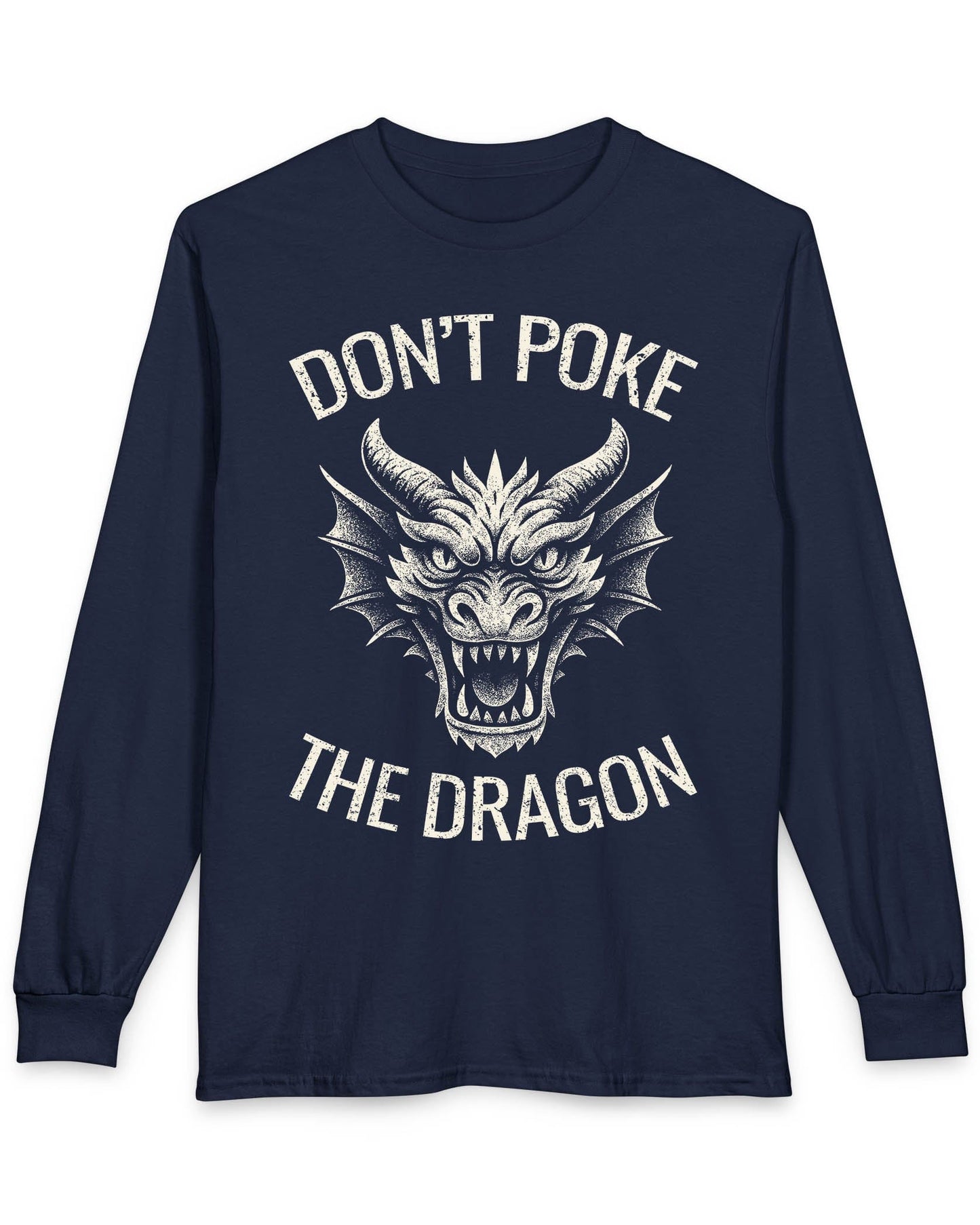 Don't Poke the Dragon shirt in navy featuring distressed text and a fierce dragon head with a vintage style.