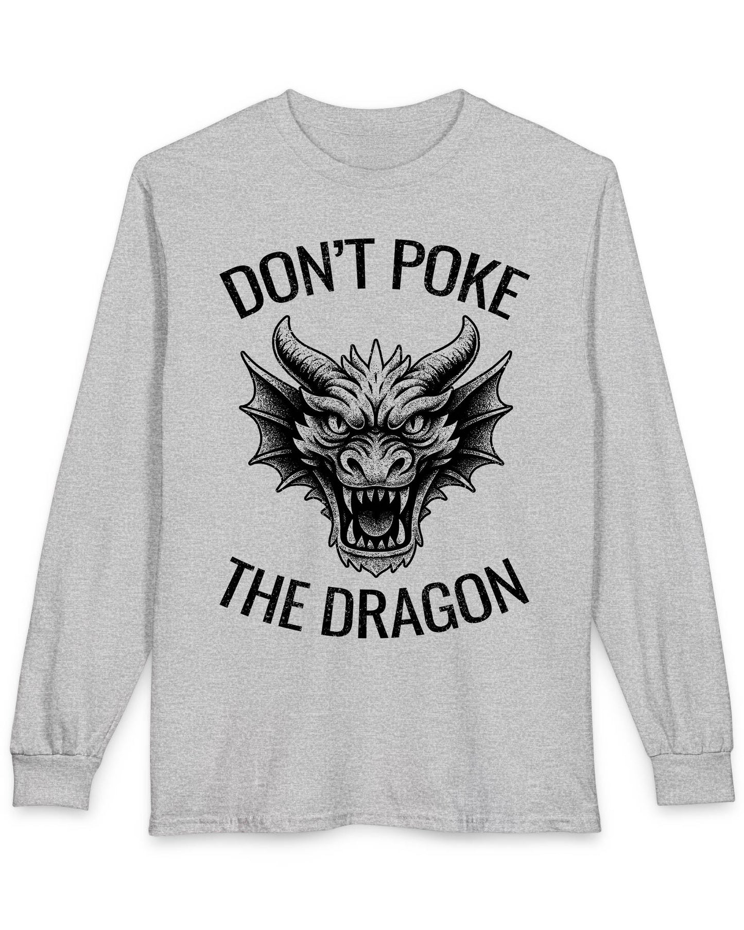 Don't Poke the Dragon shirt in sport grey featuring distressed text and a fierce dragon head with a vintage style.