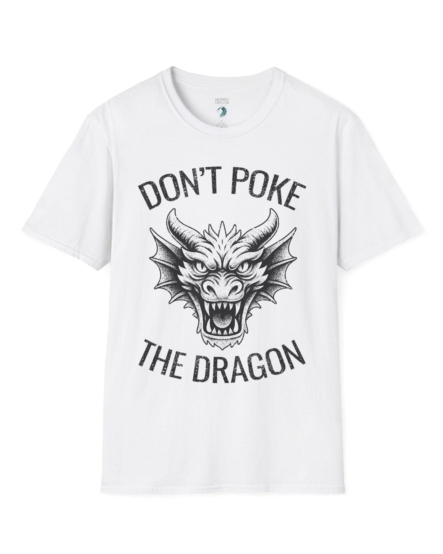 Don't Poke the Dragon shirt in white featuring distressed text and a fierce dragon head with a vintage style.