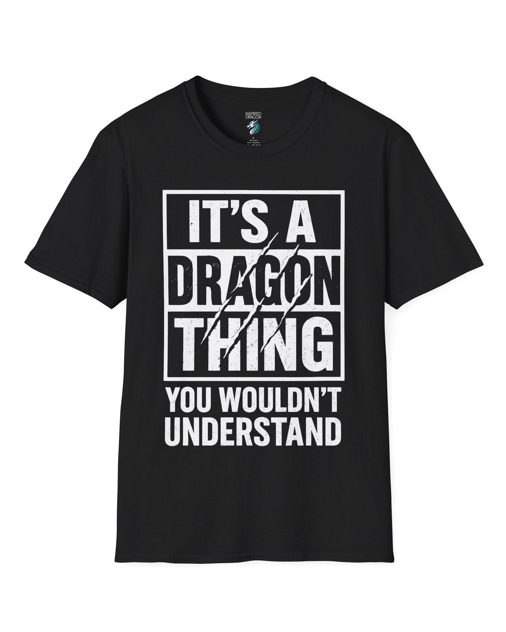 It's a Dragon Thing shirt in black featuring bold distressed text with claw marks slashing through the design.