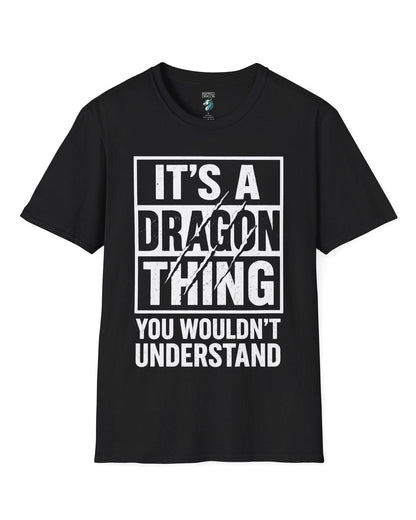 It's a Dragon Thing shirt in black featuring bold distressed text with claw marks slashing through the design.