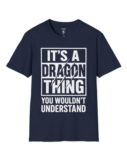 It's a Dragon Thing shirt in navy featuring bold distressed text with claw marks slashing through the design.