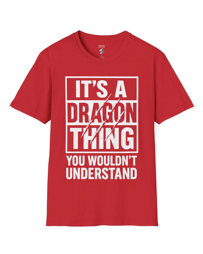 It's a Dragon Thing shirt in red featuring bold distressed text with claw marks slashing through the design.