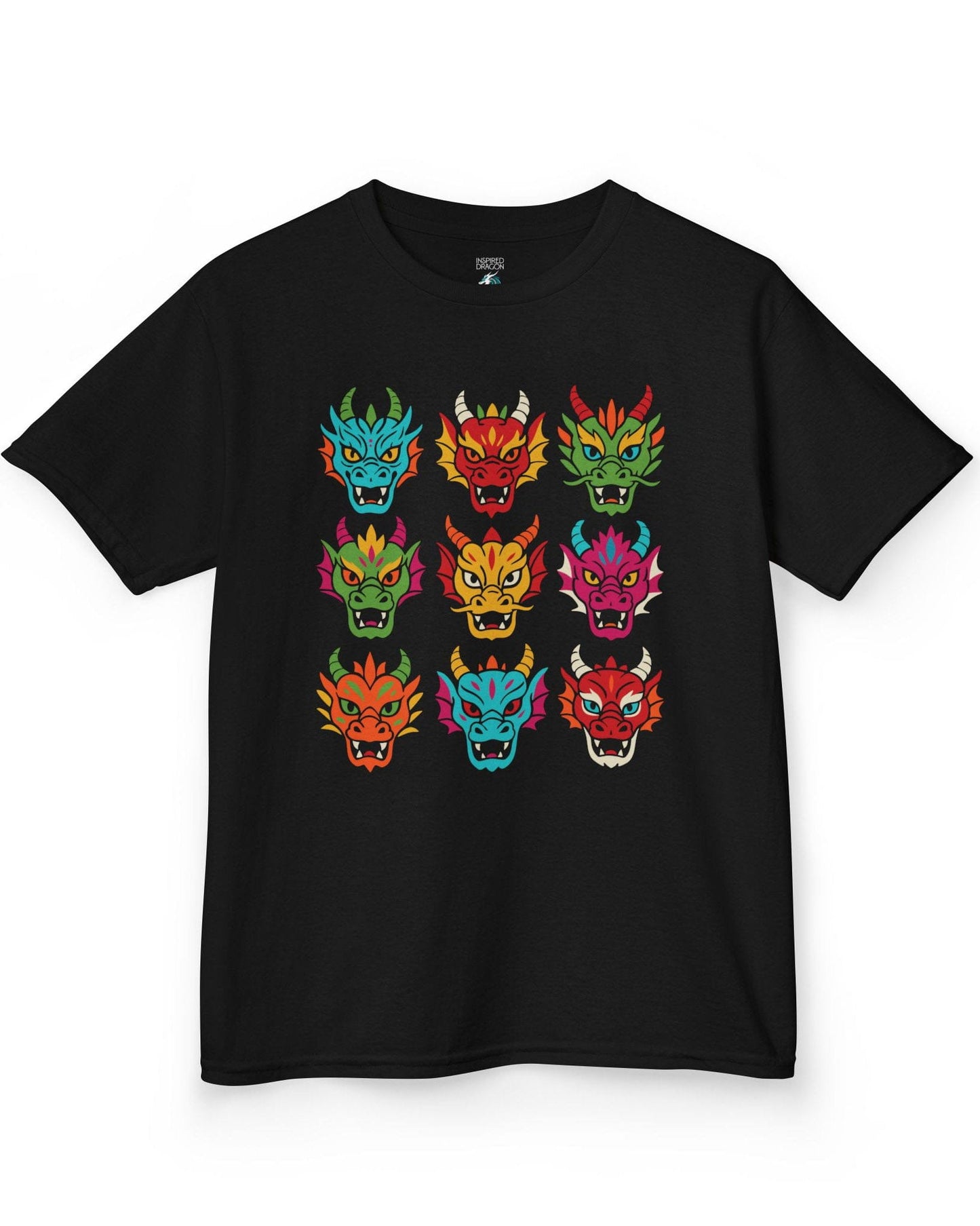 Scale Syndicate shirt in black featuring nine colorful dragon heads with bold expressions and stylized flair.