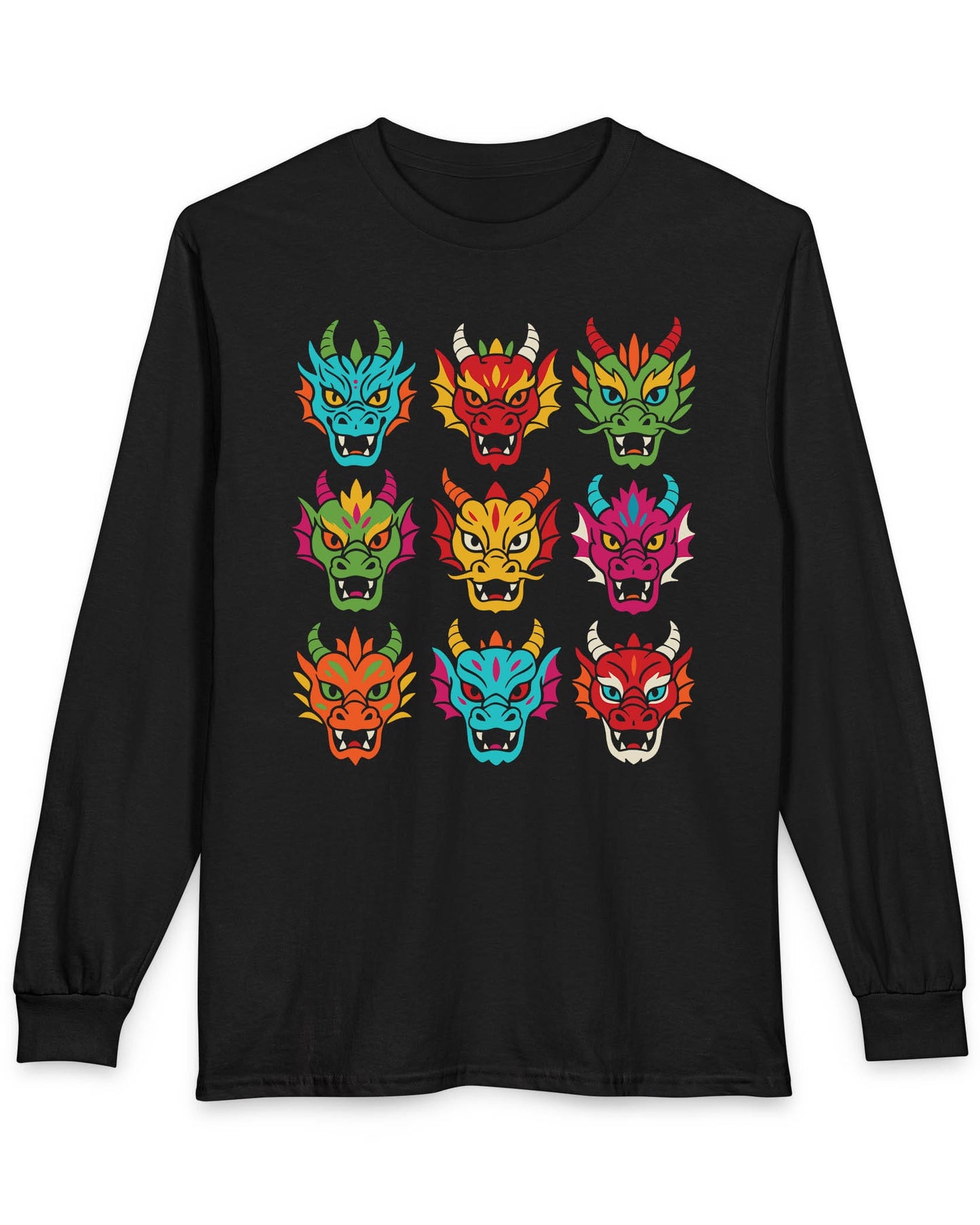 Scale Syndicate shirt in black featuring nine colorful dragon heads with bold expressions and stylized flair