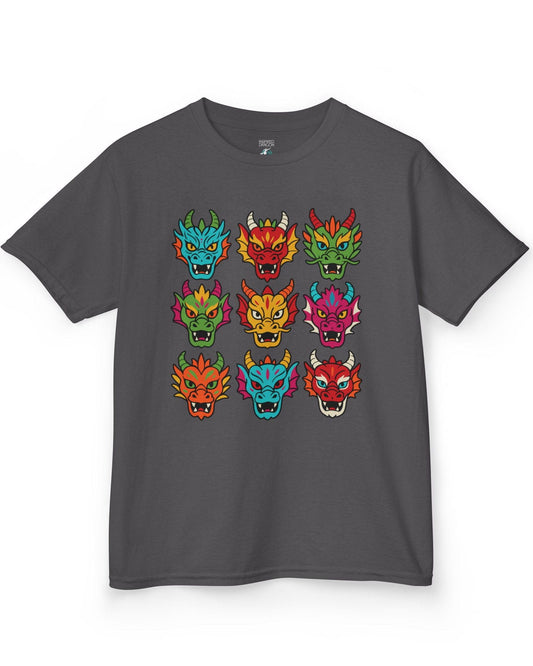 Scale Syndicate shirt in charcoal featuring nine colorful dragon heads with bold expressions and stylized flair.