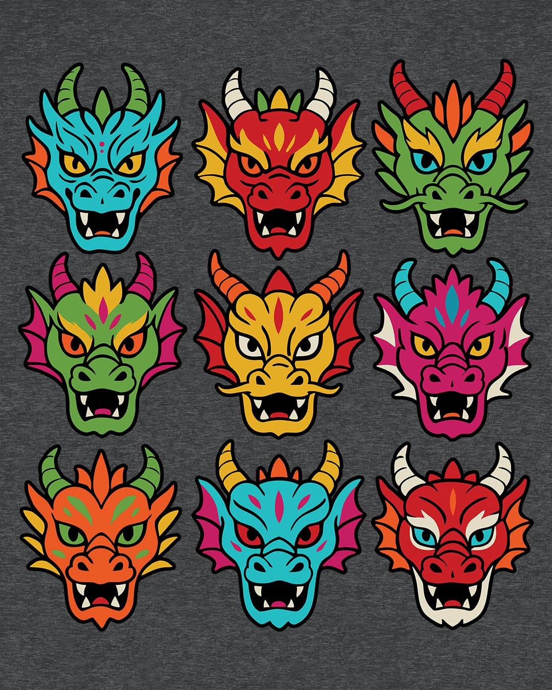 Scale Syndicate shirt in dark heather grey featuring nine colorful dragon heads with bold expressions and stylized flair.