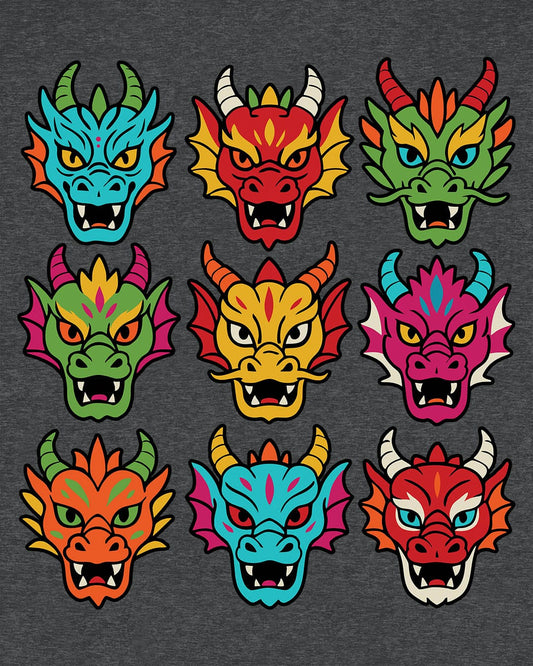 Scale Syndicate shirt in dark heather grey featuring nine colorful dragon heads with bold expressions and stylized flair.