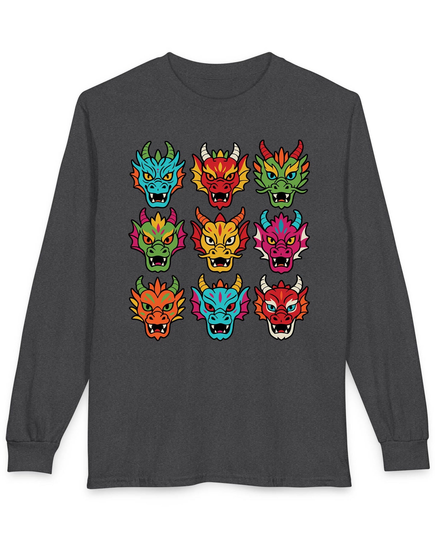 Scale Syndicate shirt in dark heather featuring nine colorful dragon heads with bold expressions and stylized flair