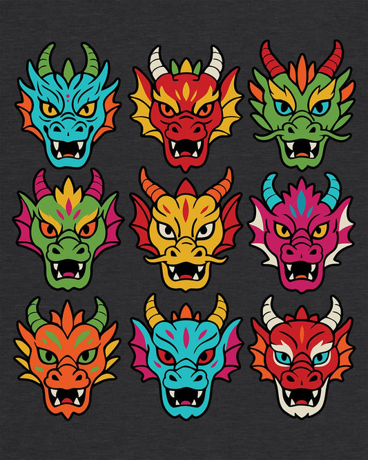 Scale Syndicate shirt in dark heather grey featuring nine colorful dragon heads with bold expressions and stylized flair.
