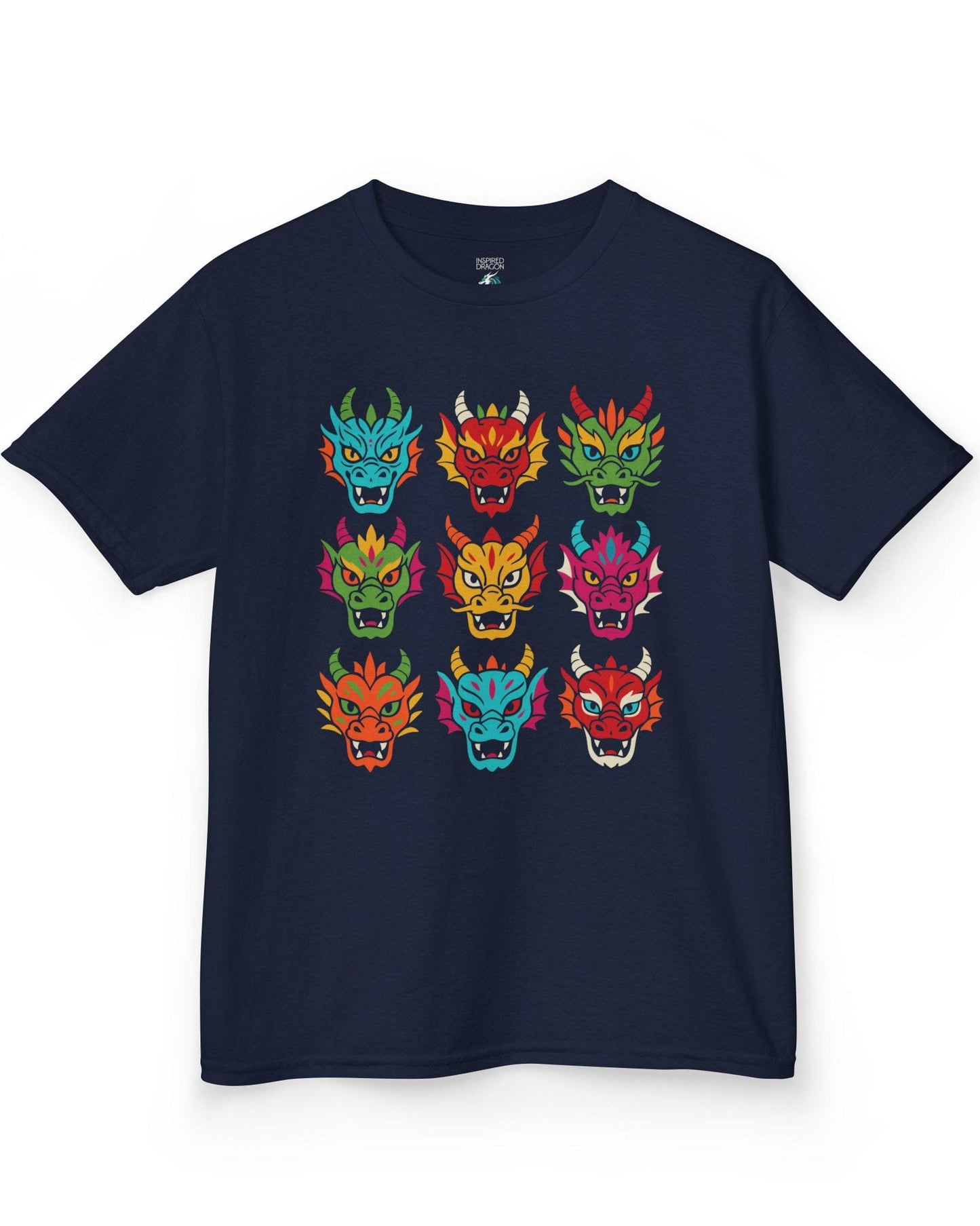 Scale Syndicate shirt in navy featuring nine colorful dragon heads with bold expressions and stylized flair.