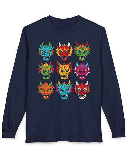 Scale Syndicate shirt in navy featuring nine colorful dragon heads with bold expressions and stylized flair
