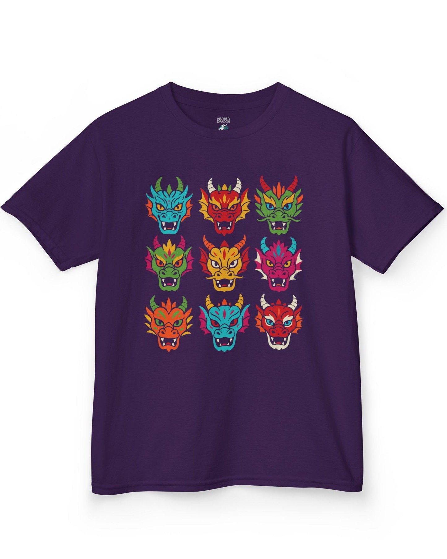 Scale Syndicate shirt in purple featuring nine colorful dragon heads with bold expressions and stylized flair.