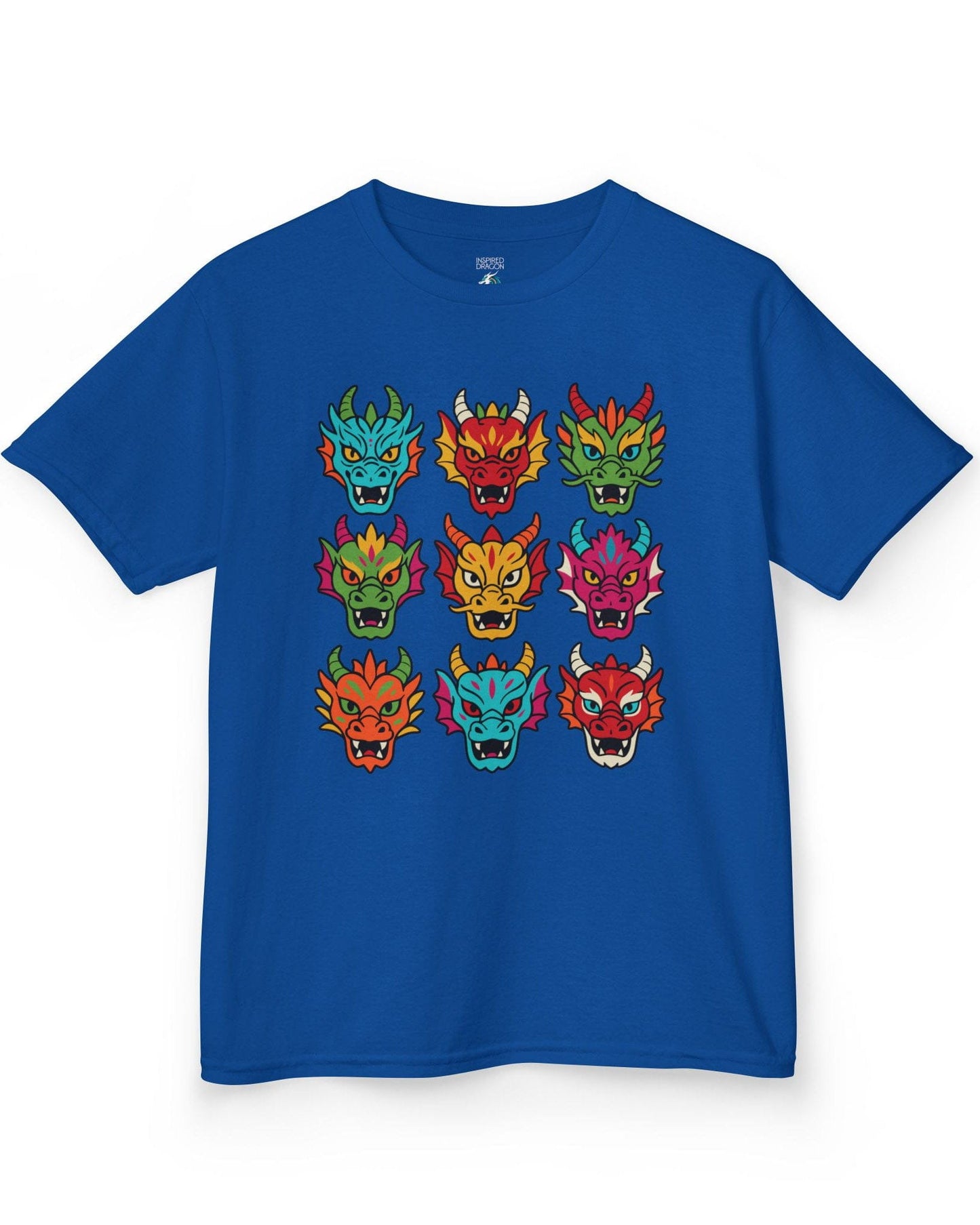 Scale Syndicate shirt in royal blue featuring nine colorful dragon heads with bold expressions and stylized flair.