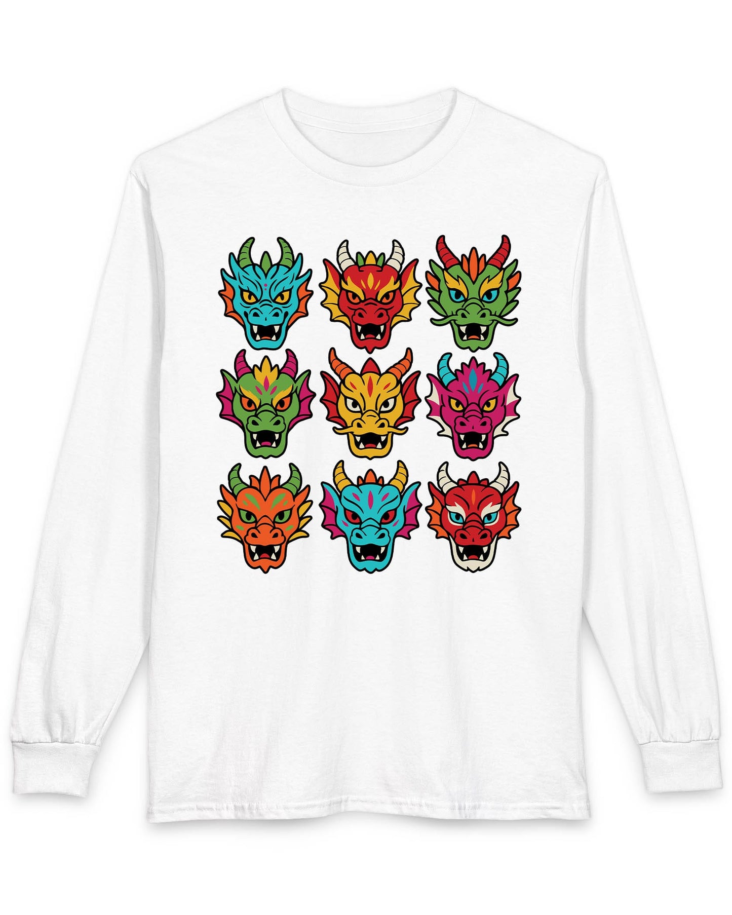 Scale Syndicate shirt in white featuring nine colorful dragon heads with bold expressions and stylized flair
