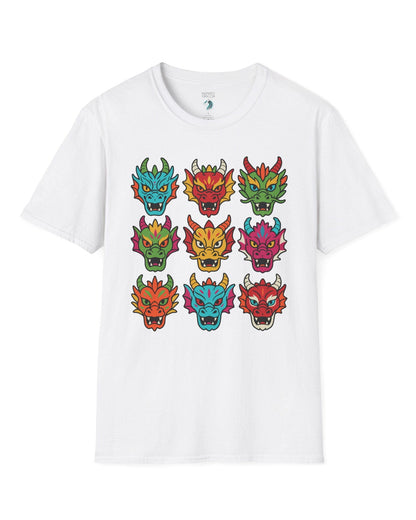 Scale Syndicate shirt in white featuring nine colorful dragon heads with bold expressions and stylized flair.