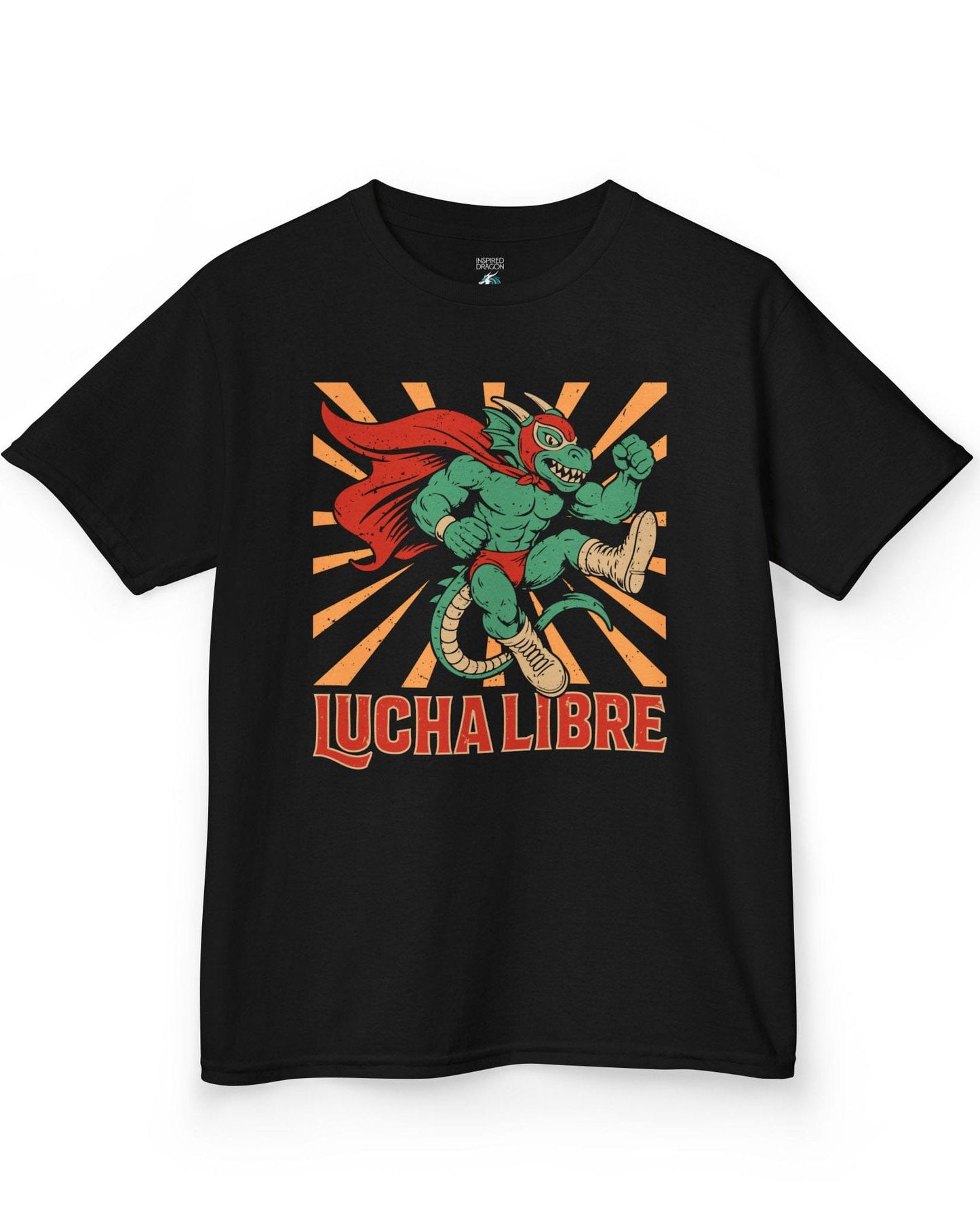 Lucha Libre Dragon shirt in black featuring a masked dragon wrestler, mid-leap with dynamic sunburst backdrop.