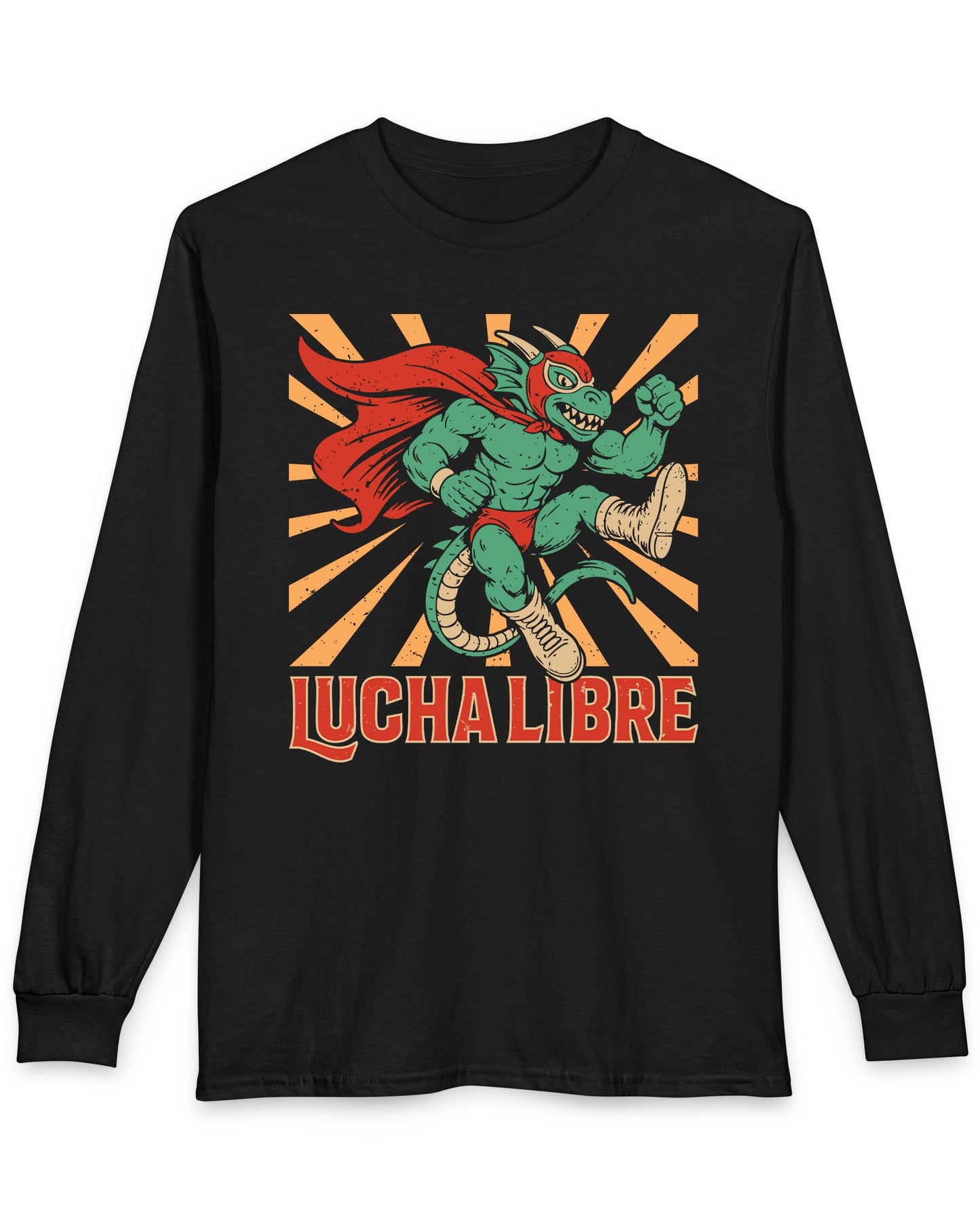 Lucha Libre Dragon shirt in black featuring a masked dragon wrestler, mid-leap with dynamic sunburst backdrop