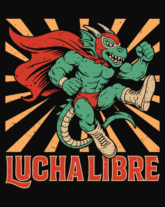Lucha Libre Dragon shirt in black featuring a masked dragon wrestler, mid-leap with dynamic sunburst backdrop.