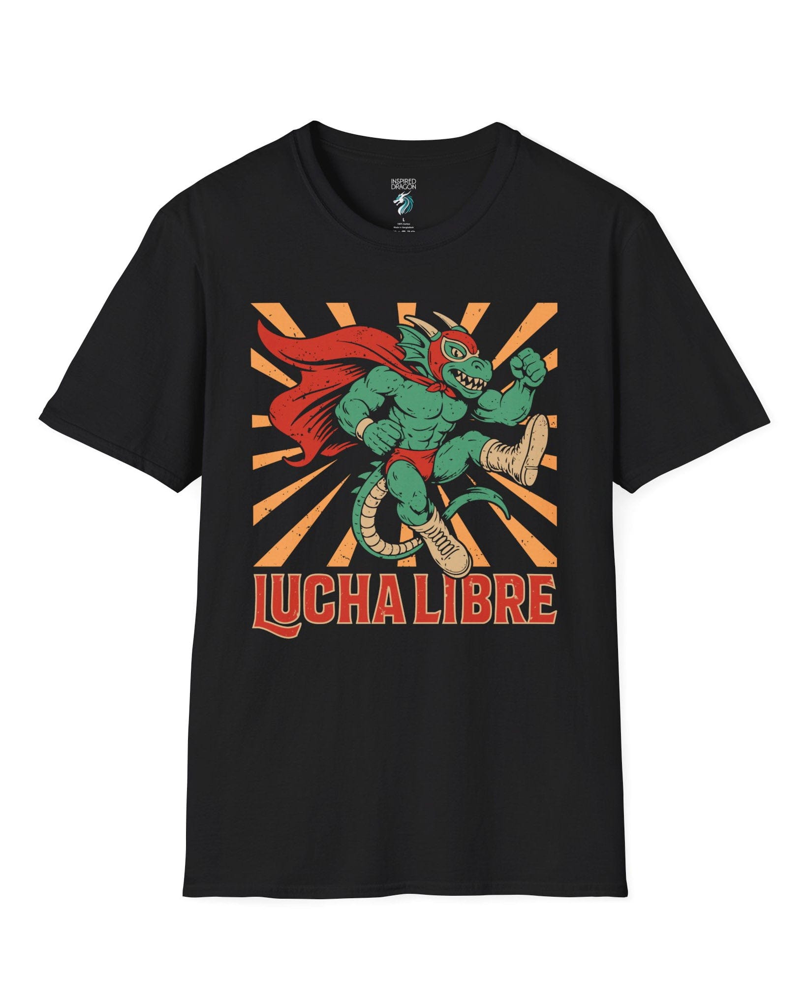 Lucha Libre Dragon shirt in black featuring a masked dragon wrestler, mid-leap with dynamic sunburst backdrop.