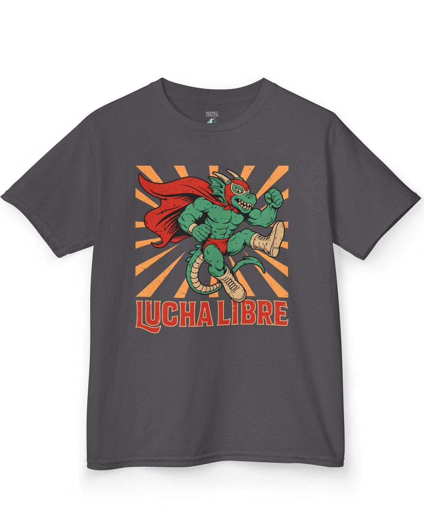 Lucha Libre Dragon shirt in charcoal featuring a masked dragon wrestler, mid-leap with dynamic sunburst backdrop.