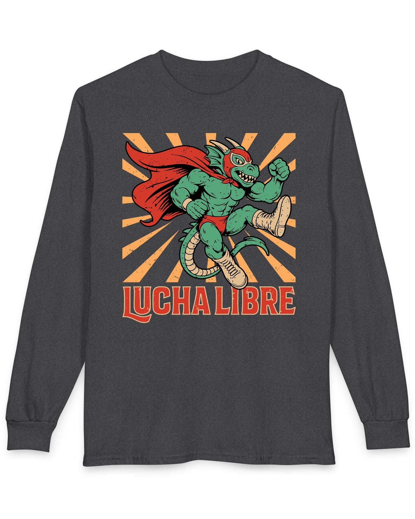 Lucha Libre Dragon shirt in dark heather featuring a masked dragon wrestler, mid-leap with dynamic sunburst backdrop