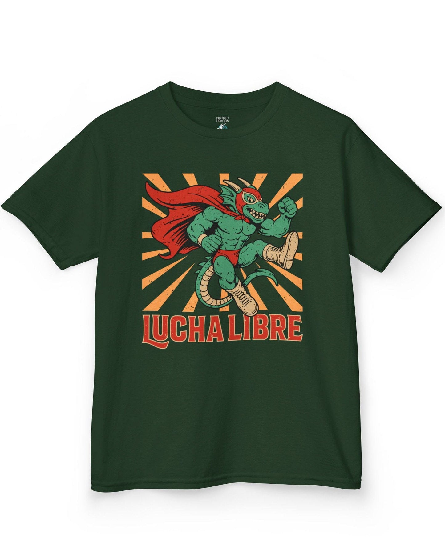 Lucha Libre Dragon shirt in forest green featuring a masked dragon wrestler, mid-leap with dynamic sunburst backdrop.