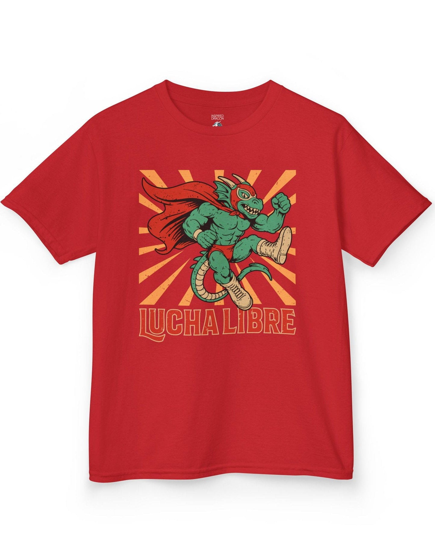 Lucha Libre Dragon shirt in red featuring a masked dragon wrestler, mid-leap with dynamic sunburst backdrop.