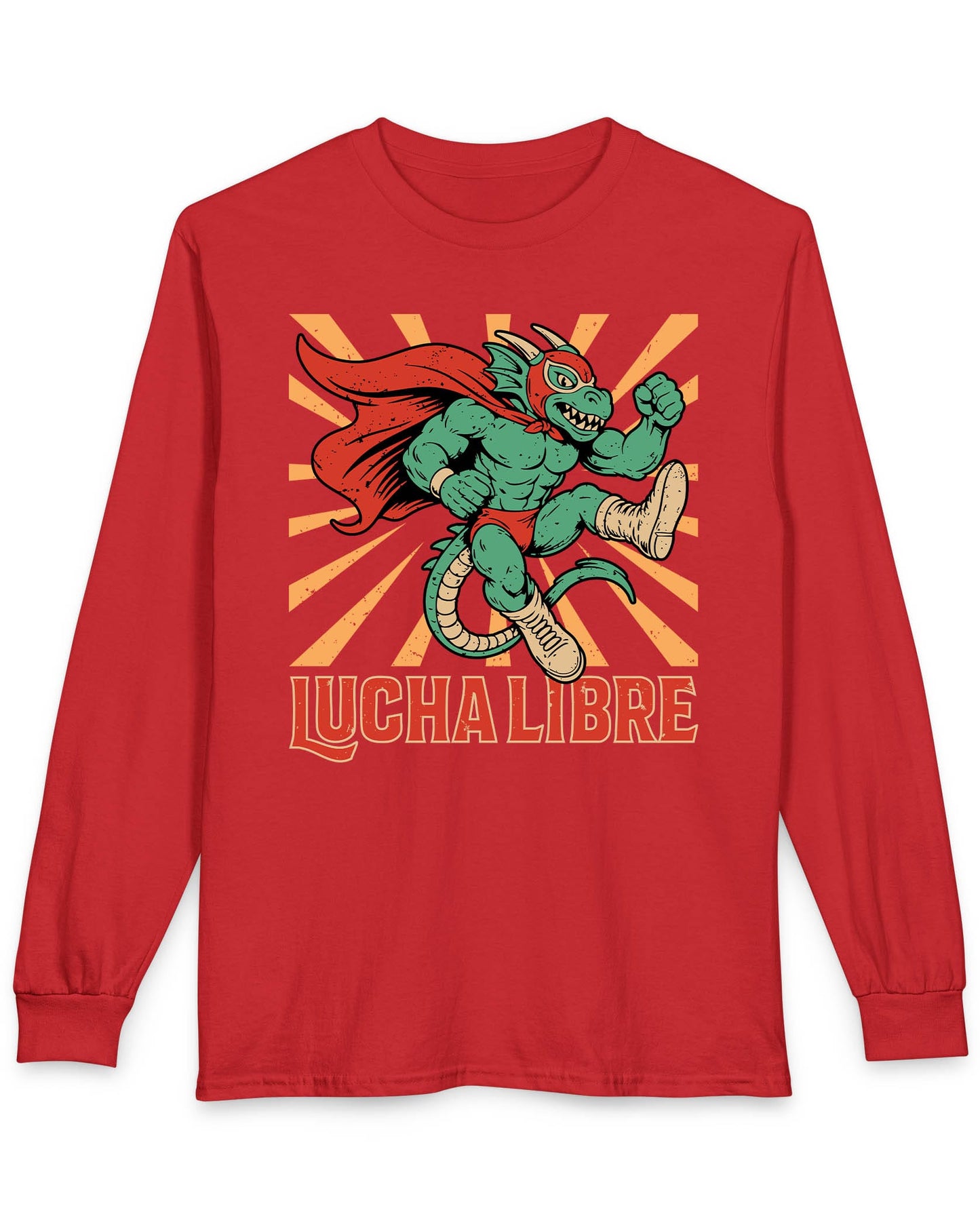Lucha Libre Dragon shirt in red featuring a masked dragon wrestler, mid-leap with dynamic sunburst backdrop