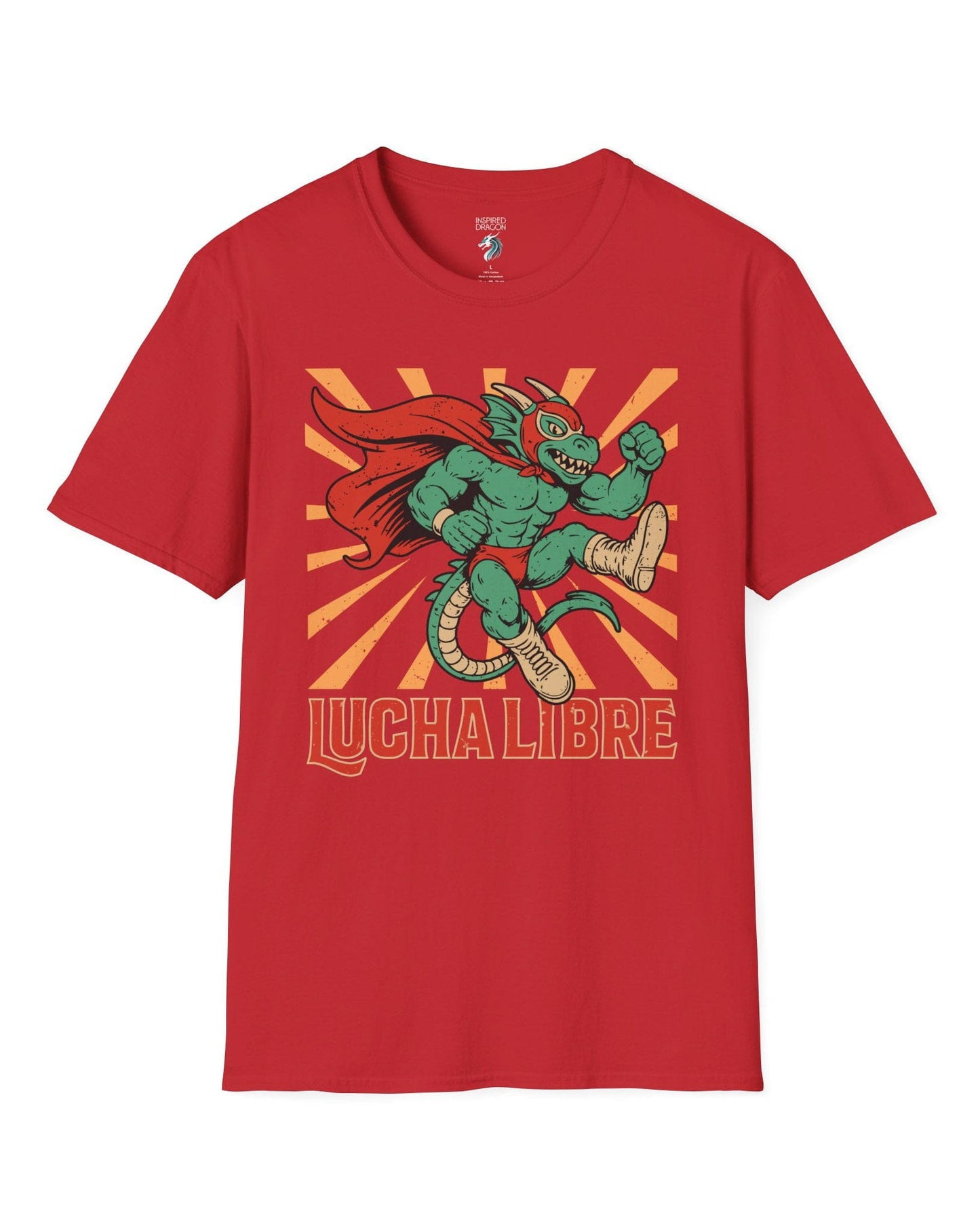 Lucha Libre Dragon shirt in red featuring a masked dragon wrestler, mid-leap with dynamic sunburst backdrop.