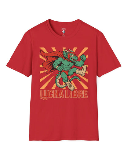 Lucha Libre Dragon shirt in red featuring a masked dragon wrestler, mid-leap with dynamic sunburst backdrop.