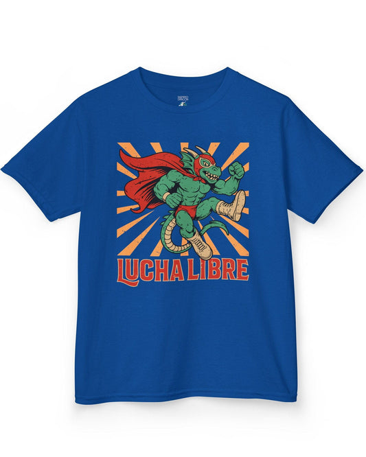 Lucha Libre Dragon shirt in royal blue featuring a masked dragon wrestler, mid-leap with dynamic sunburst backdrop.