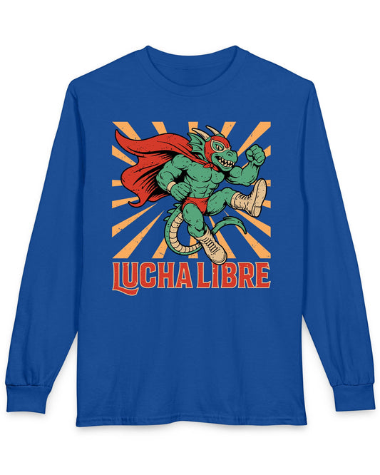 Lucha Libre Dragon shirt in royal featuring a masked dragon wrestler, mid-leap with dynamic sunburst backdrop