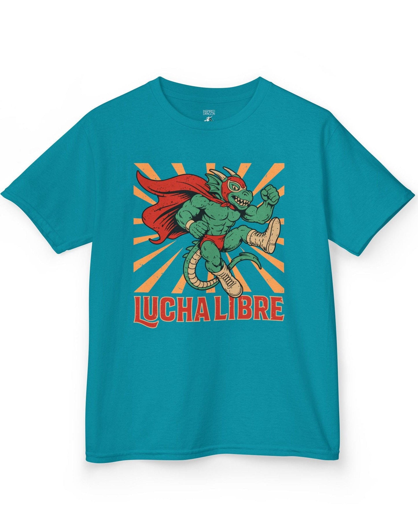 Lucha Libre Dragon shirt in tropical blue featuring a masked dragon wrestler, mid-leap with dynamic sunburst backdrop.