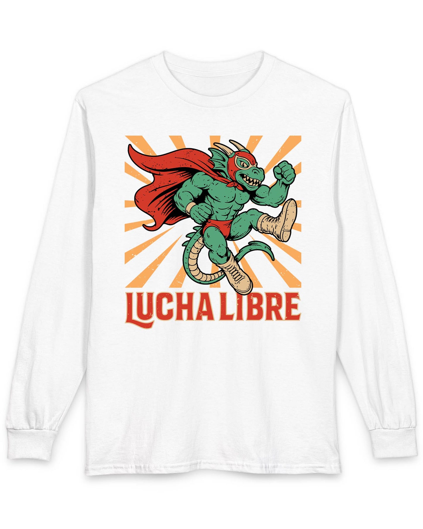 Lucha Libre Dragon shirt in white featuring a masked dragon wrestler, mid-leap with dynamic sunburst backdrop
