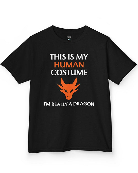 This Is My Human Costume shirt in black featuring bold white and orange text with a stylized orange dragon head.