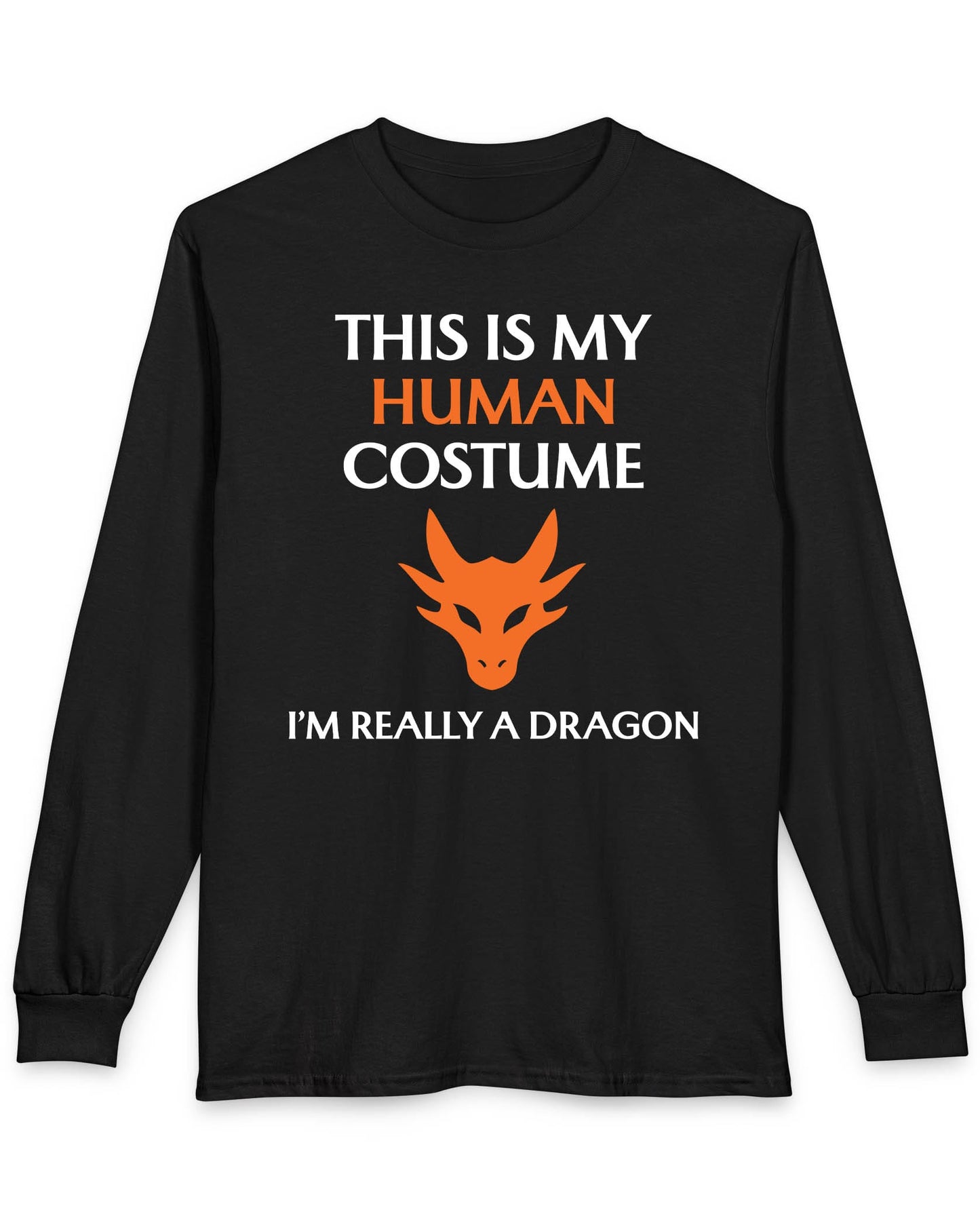 This Is My Human Costume shirt in black featuring bold white and orange text with a stylized orange dragon head