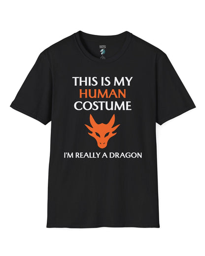 This Is My Human Costume shirt in black featuring bold white and orange text with a stylized orange dragon head.