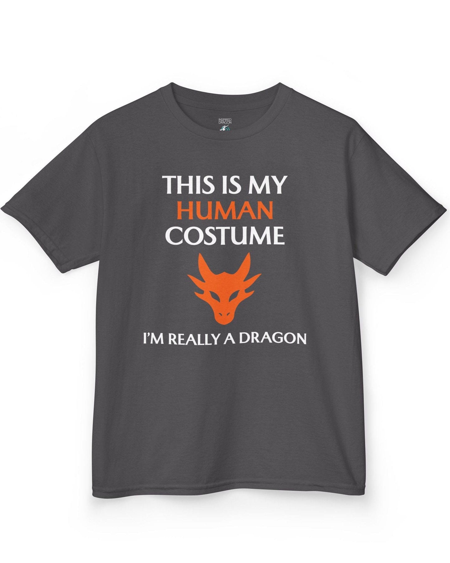 This Is My Human Costume shirt in charcoal featuring bold white and orange text with a stylized orange dragon head.