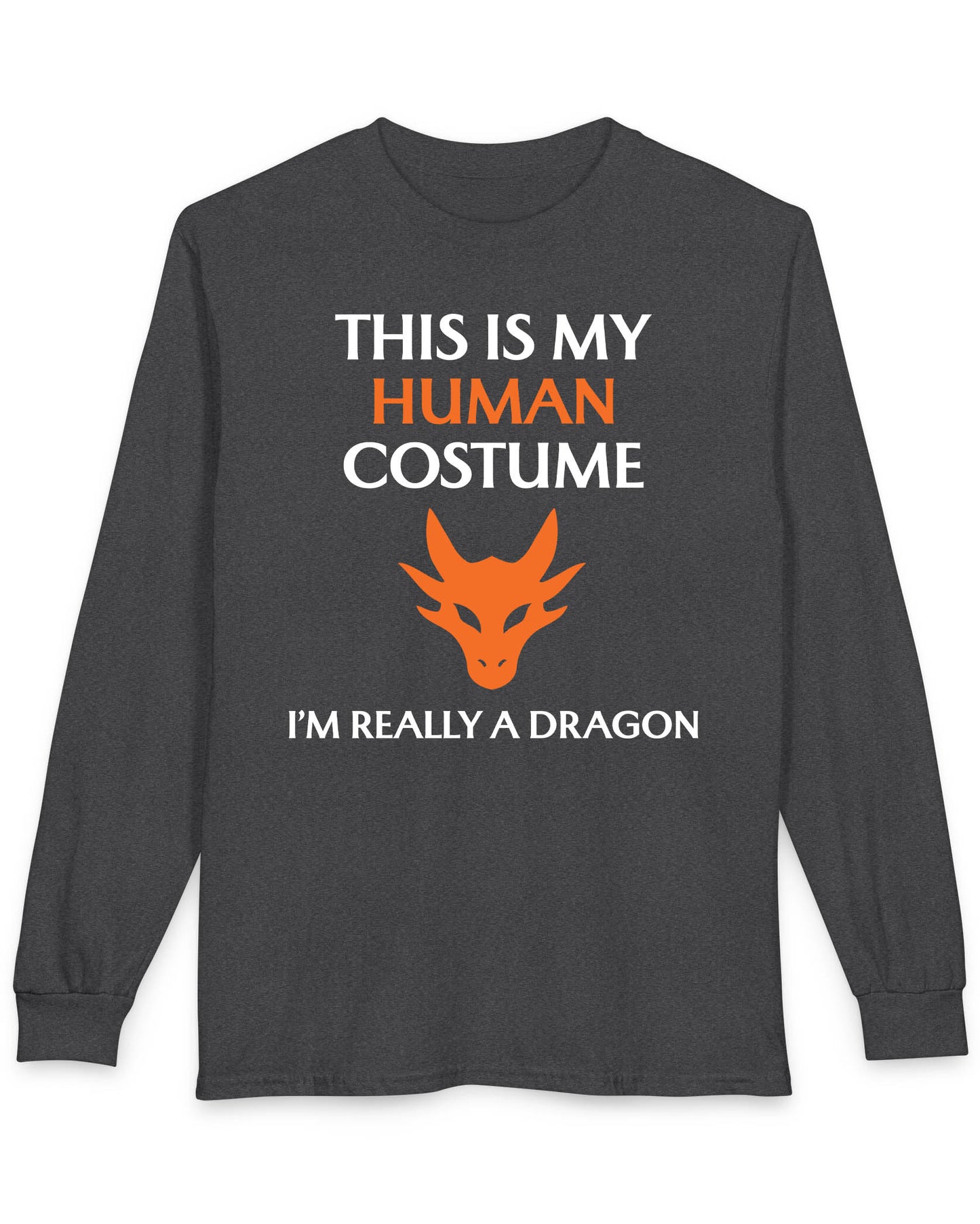 This Is My Human Costume shirt in dark heather featuring bold white and orange text with a stylized orange dragon head